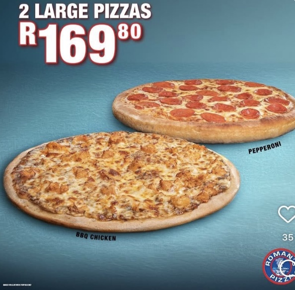 2 Large Pizzas R169.80
